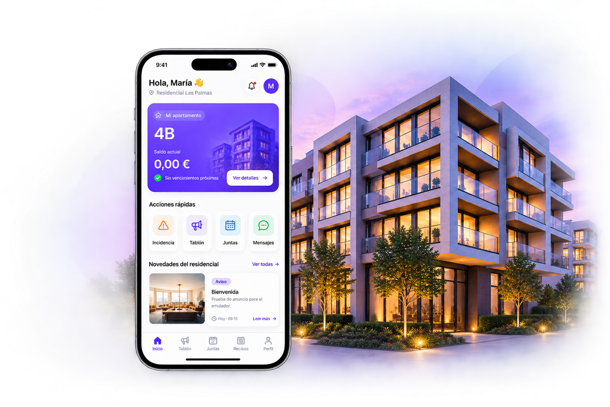 Mundo Vecinos en un iPhone, frente a un edificio residencial moderno